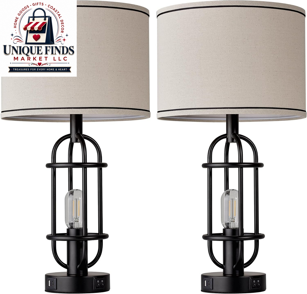 Reaketon 22.3-Inch Black Farmhouse Table Lamps for Living Room - Set of 2