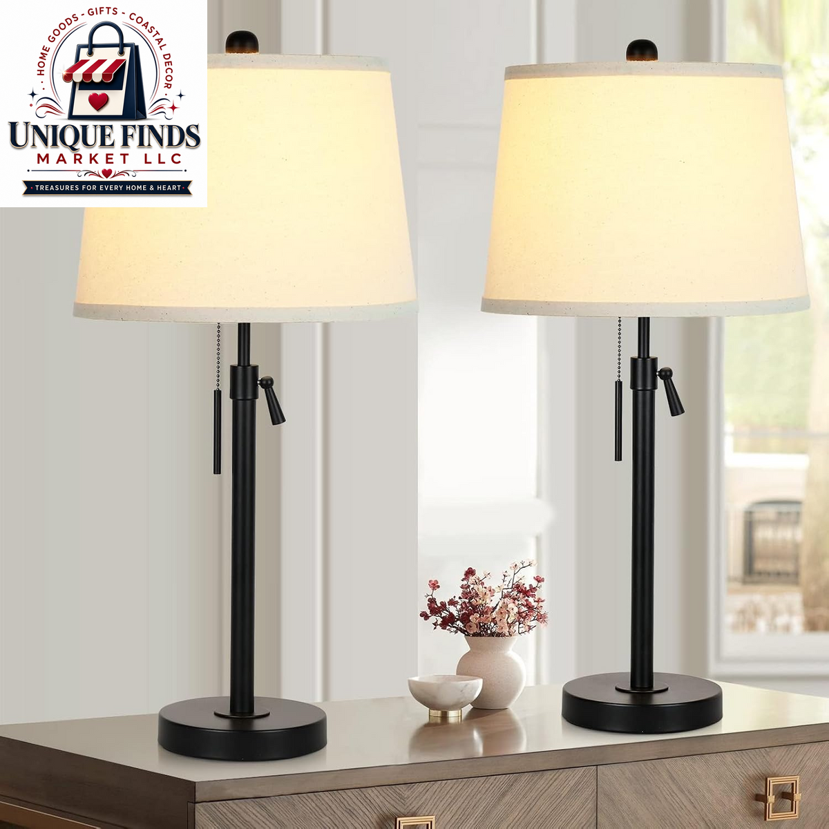 Set of 2 Adjustable Height Black Bedside Table Lamps: Modern 3-Way Dimmable Nightstand Lighting with Pull Chain Switch for Living Room and Office (Bulbs Included)