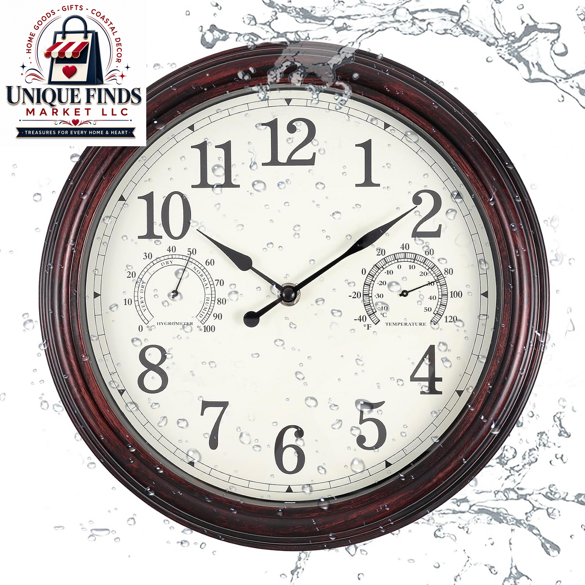 16-Inch Waterproof Outdoor Wall Clock with Temperature Display for Patio and Garden Use