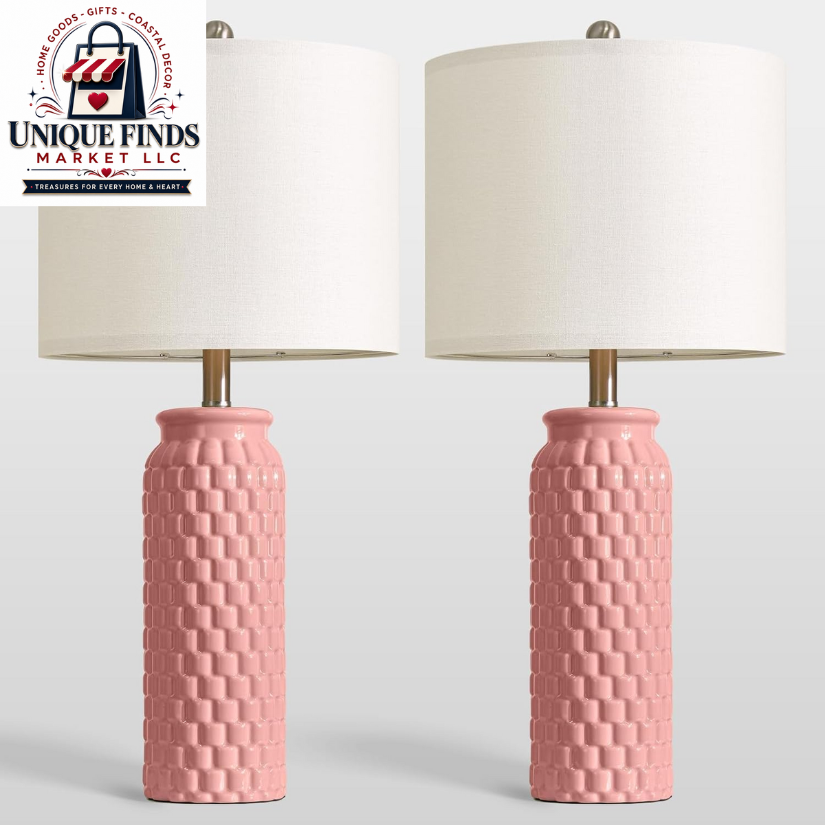 Usumkky Set of 2 27" Ceramic Table Lamps - Modern Farmhouse and Boho Style Bedside Nightstand Lighting for Bedroom and Living Room, Compact Desk Lamps (Pink)