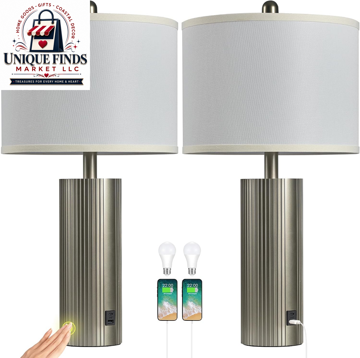 Set of 2 Touch Control 24.5” Silver Table Lamps for Living Room