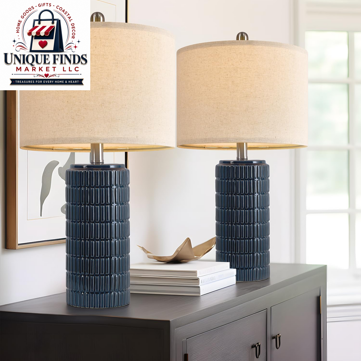 Pokat 23" Blue Ceramic Table Lamps - Set of 2, Traditional Farmhouse Bedside and Living Room Nightstand Lamps