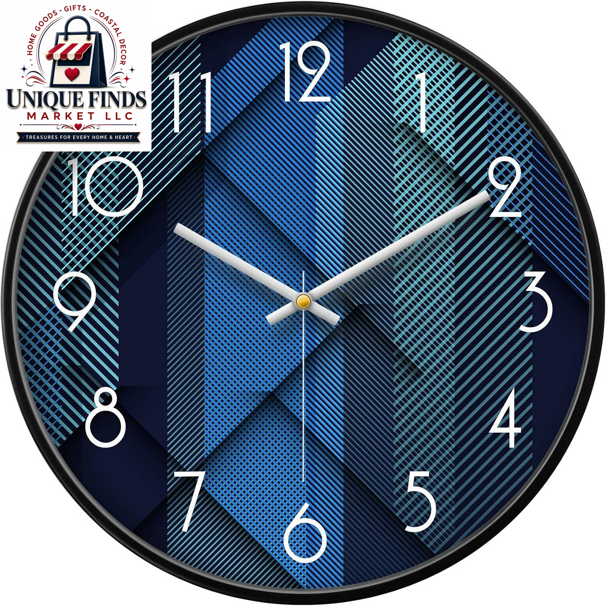 Silent Non-Ticking 12-Inch Analog Wall Clock with Geometric Blue Print Design