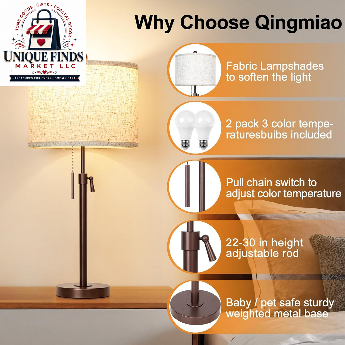 Qingmiao Adjustable Table Lamps Set of 2, 22" to 30" Dimmable Nightstand Lamps for Bedroom and Living Room, Stylish Home Decor and Ideal Housewarming Gifts