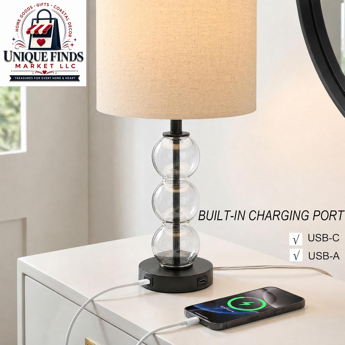 Oneach 25-Inch Black Modern Glass Table Lamps Set of 2 with USB Ports, Linen Shade for Living Room and Bedroom Nightstands (Bulbs Not Included)