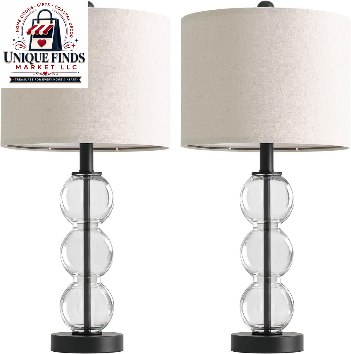 Oneach 25-Inch Black Modern Glass Table Lamps Set of 2 with USB Ports, Linen Shade for Living Room and Bedroom Nightstands (Bulbs Not Included)