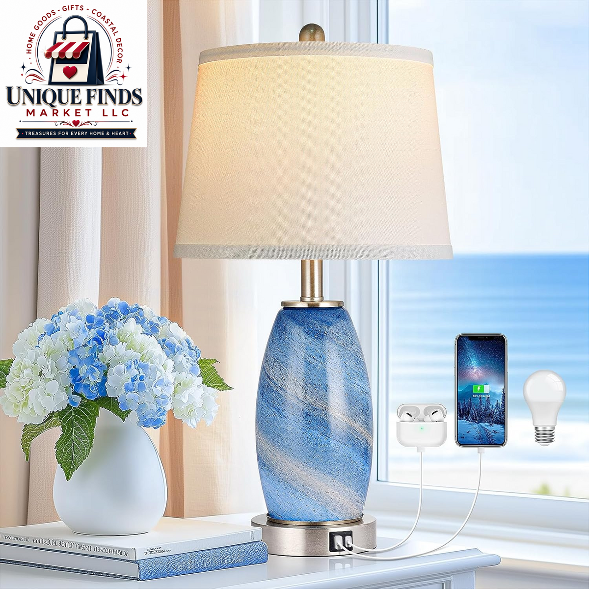 Lovlast 29-Inch Coastal Glass Table Lamp Set of 2 for Bedroom and Living Room