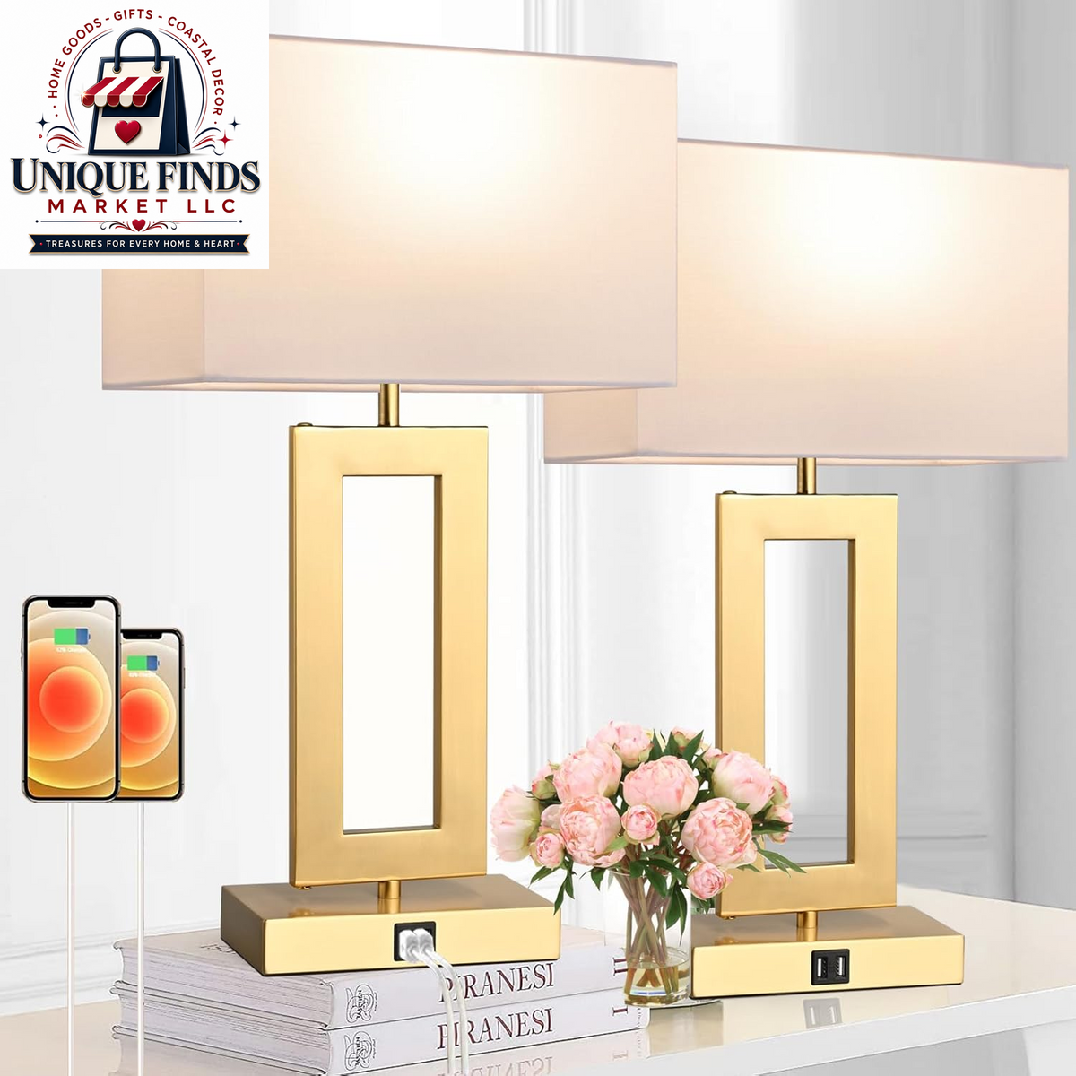 Set of 2 Modern 22'' Black and Gold Touch Control Table Lamps with USB Ports, 3-Way Dimmable Function and LED Bulbs Included, Ideal for Bedrooms and Living Room End Tables