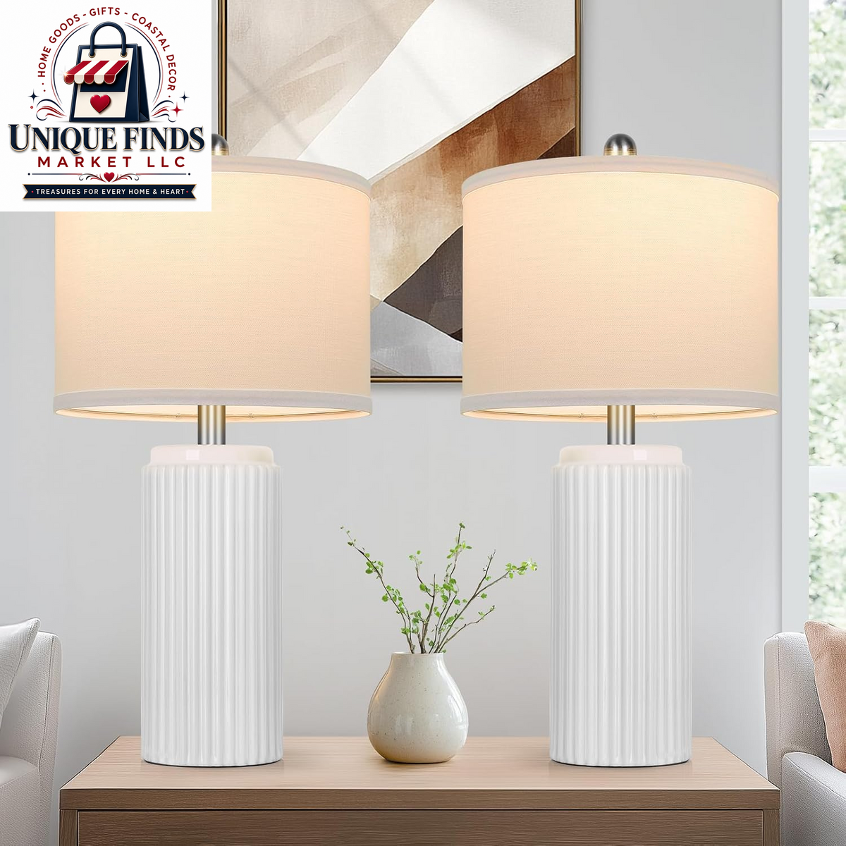 Set of 2 Modern 23.5’’ Orange Ceramic Table Lamps with White Shades for Bedroom and Living Room, Retro Farmhouse Design for Home Office and Dorm End Tables