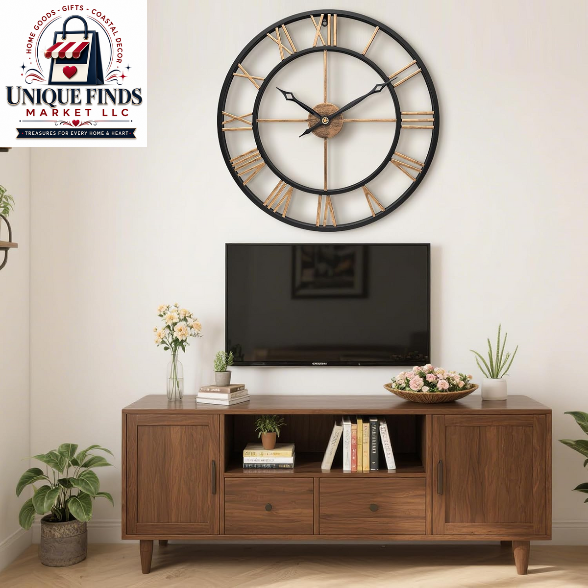 16-Inch Vintage Gold Metal Wall Clock with Roman Numerals