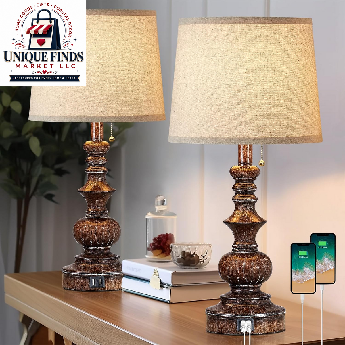 Drawealth Set of 2 Farmhouse Table Lamps for Bedrooms with USB Charging Ports, Traditional Wooden Finish, Pull Chain, Bulbs Not Included