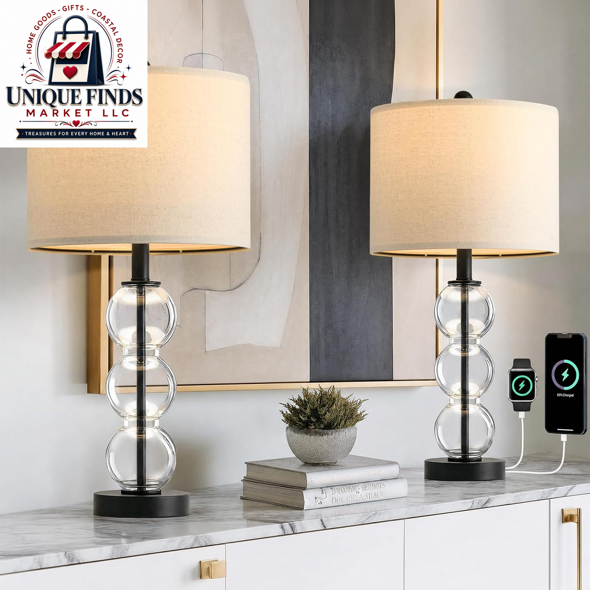 Oneach 25-Inch Black Modern Glass Table Lamps Set of 2 with USB Ports, Linen Shade for Living Room and Bedroom Nightstands (Bulbs Not Included)