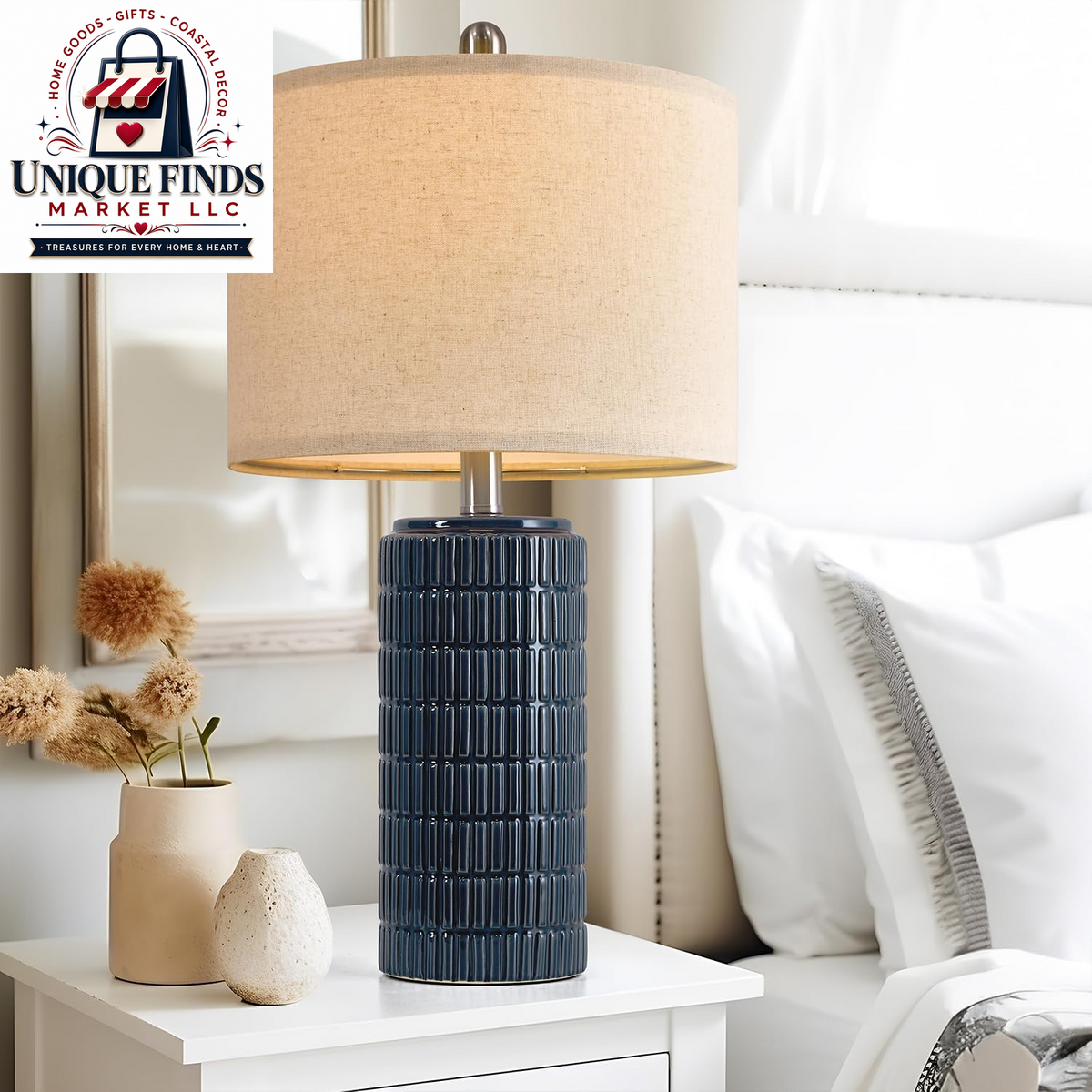 Pokat 23" Blue Ceramic Table Lamps - Set of 2, Traditional Farmhouse Bedside and Living Room Nightstand Lamps