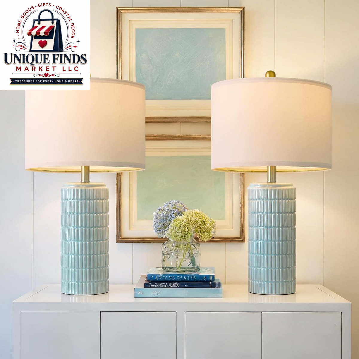 Pokat 23" Blue Ceramic Table Lamps - Set of 2, Traditional Farmhouse Bedside and Living Room Nightstand Lamps