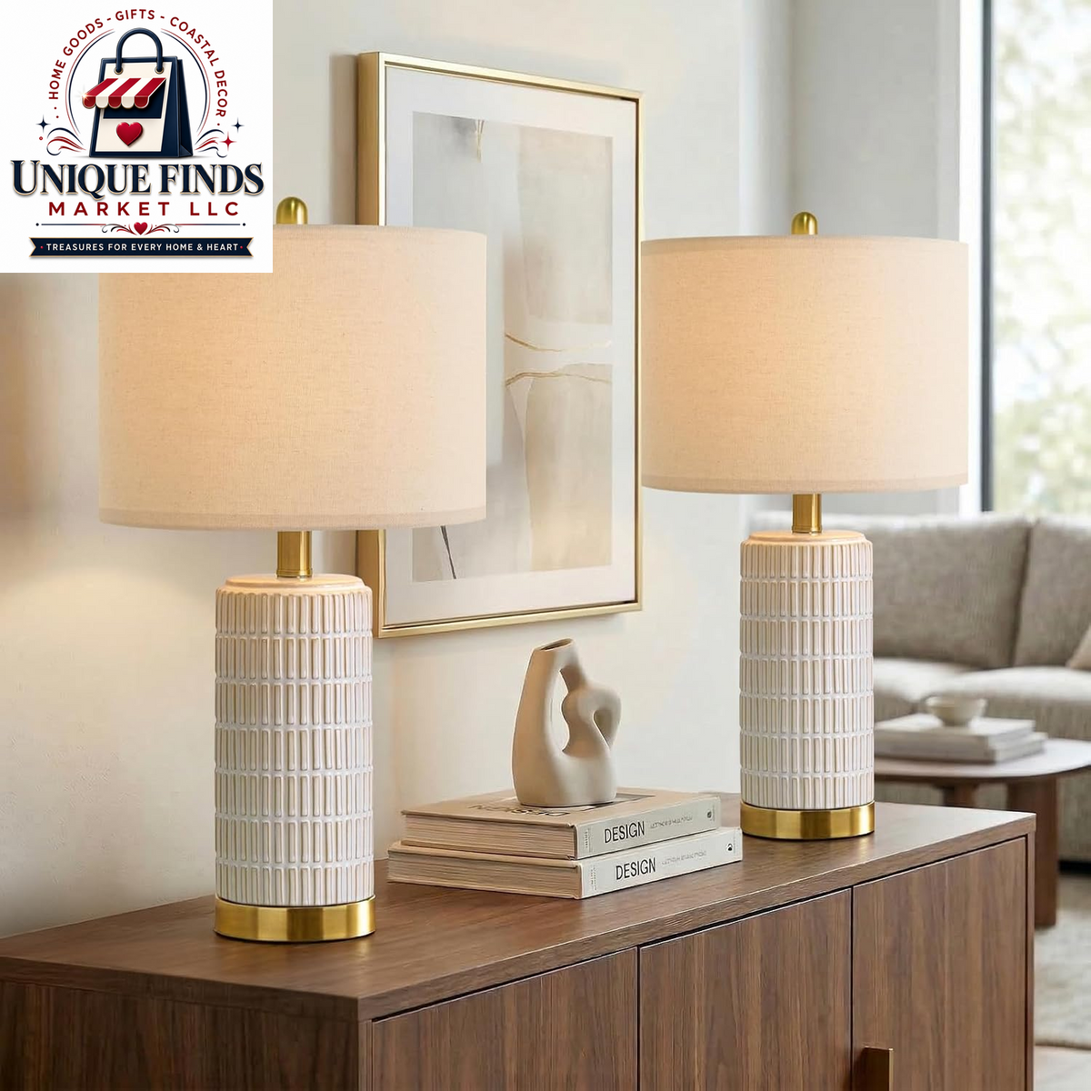 Pokat Set of 2 Ceramic Table Lamps, 21.5'' White, Ideal for Bedroom and Living Room