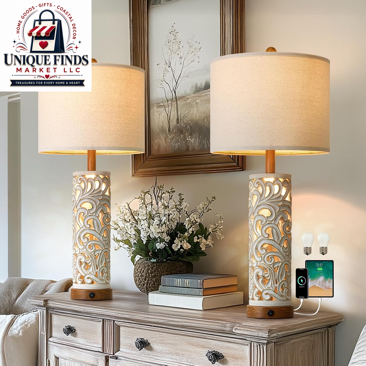 Set of 2 OYEARS 22-Inch Distressed Grey Bedside Table Lamps with Night Light