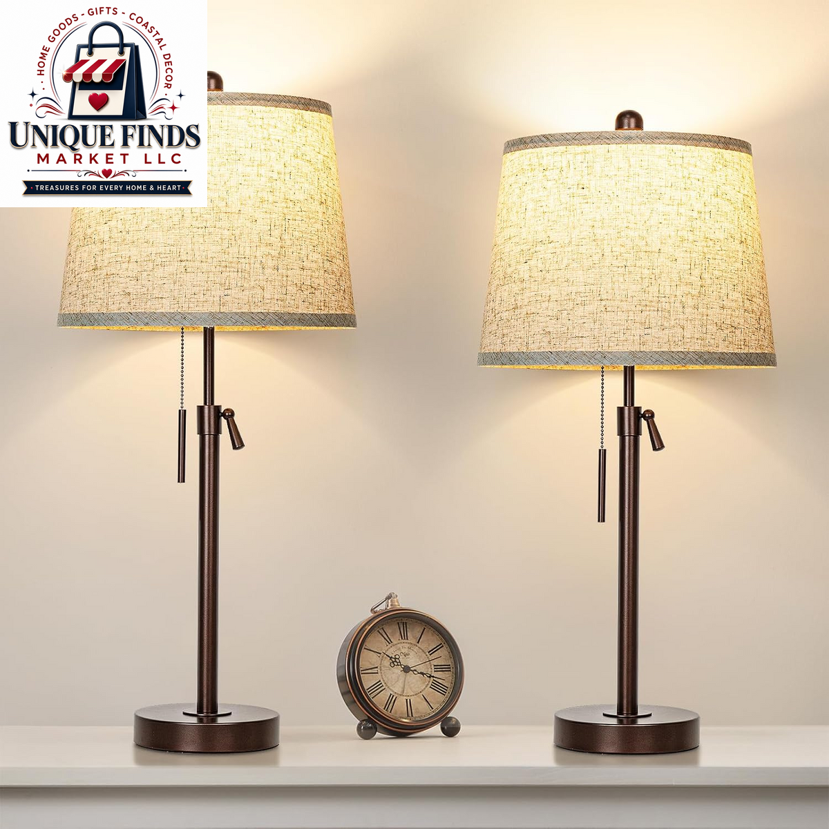 Set of 2 Adjustable Height Black Bedside Table Lamps: Modern 3-Way Dimmable Nightstand Lighting with Pull Chain Switch for Living Room and Office (Bulbs Included)