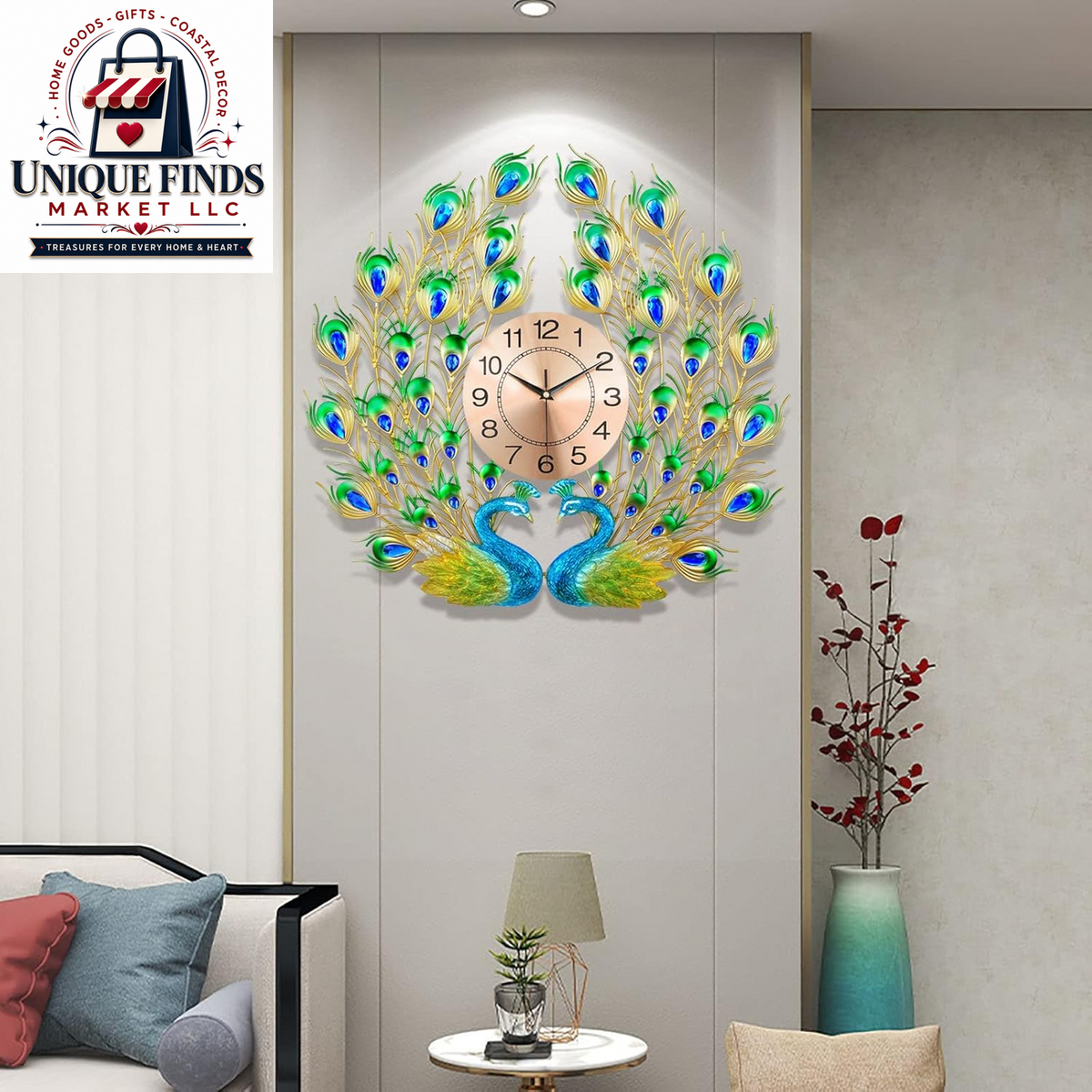 Large 28-Inch Silent Non-Ticking Peacock Wall Clock - 3D Luxury Decorative Timepiece for Living Room, Bedroom, and Dining Room Decor