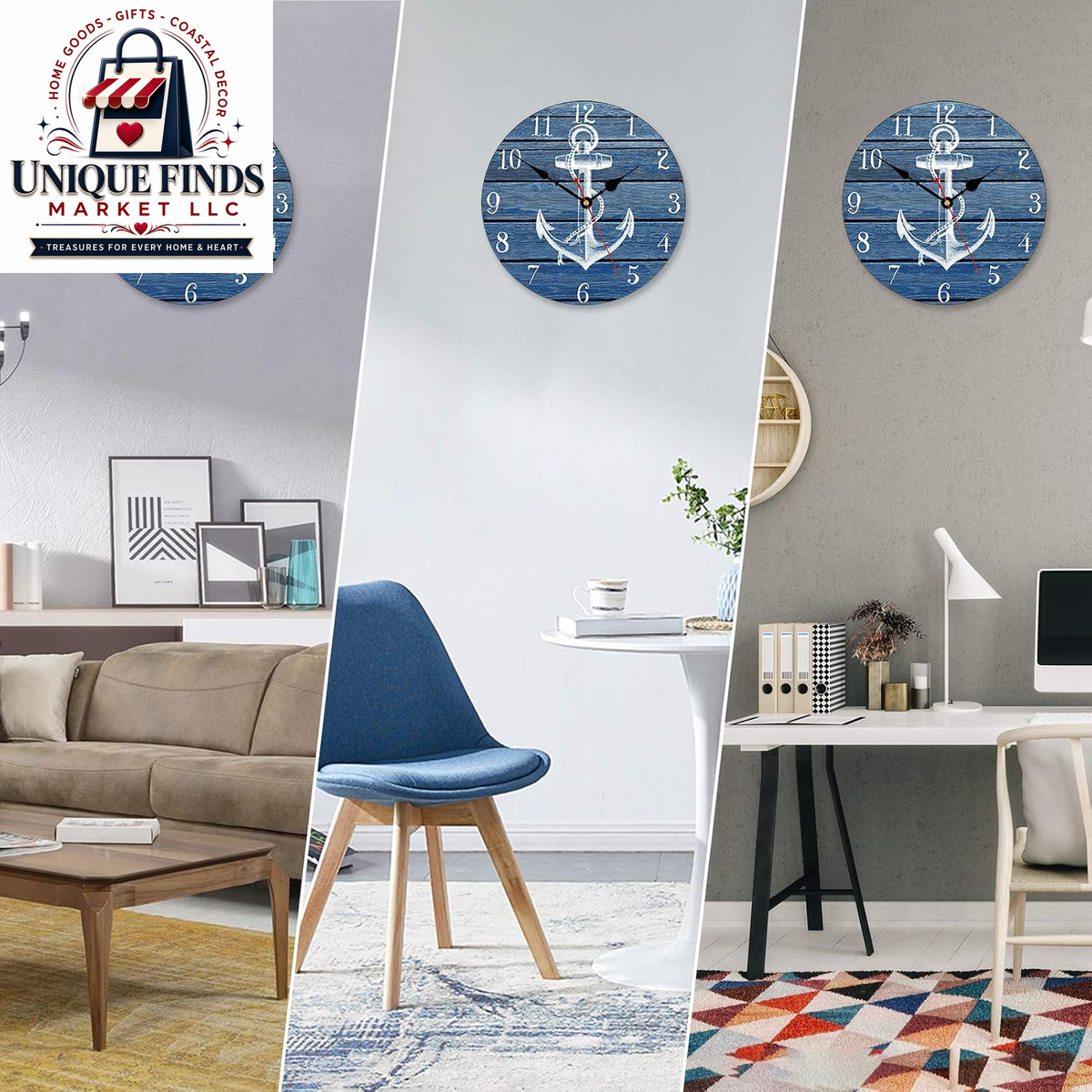 TAHEAT 14-Inch Nautical-Inspired White Anchor Pattern Wall Clock, Silent Non-Ticking Mechanism, Retro Wooden Design with Arabic Numerals, Easy-to-Read for Kitchen, Living Room, and Bedroom