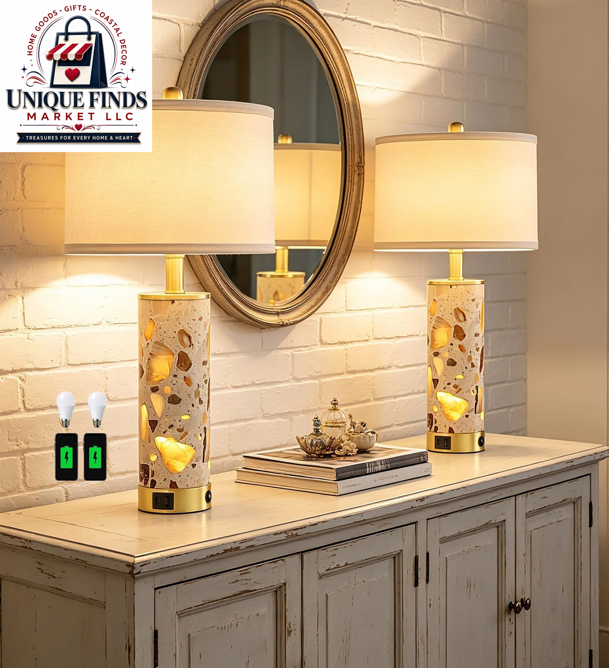 Set of 2 25-Inch Farmhouse Table Lamps for Living Room with USB C+A Ports