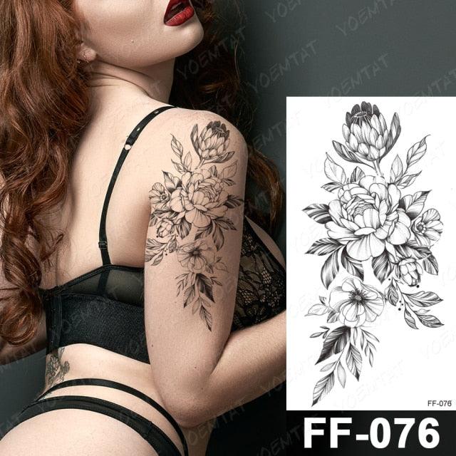 Waterproof Temporary Black Tattoo Sticker Peony Flower Snake Sketch Luxury Big Tattoo For Womens