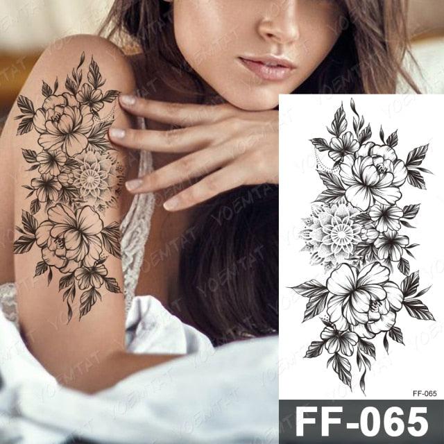 Waterproof Temporary Black Tattoo Sticker Peony Flower Snake Sketch Luxury Big Tattoo For Womens