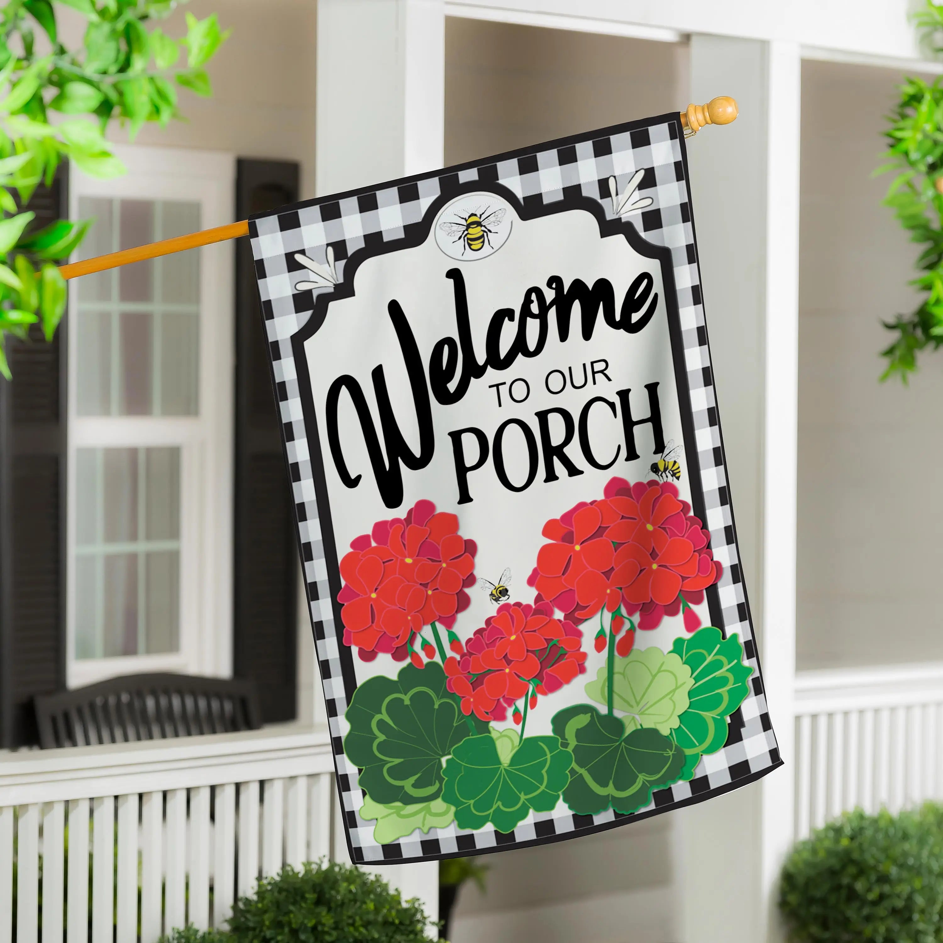 Welcome to Our Porch Geraniums House Applique Flag