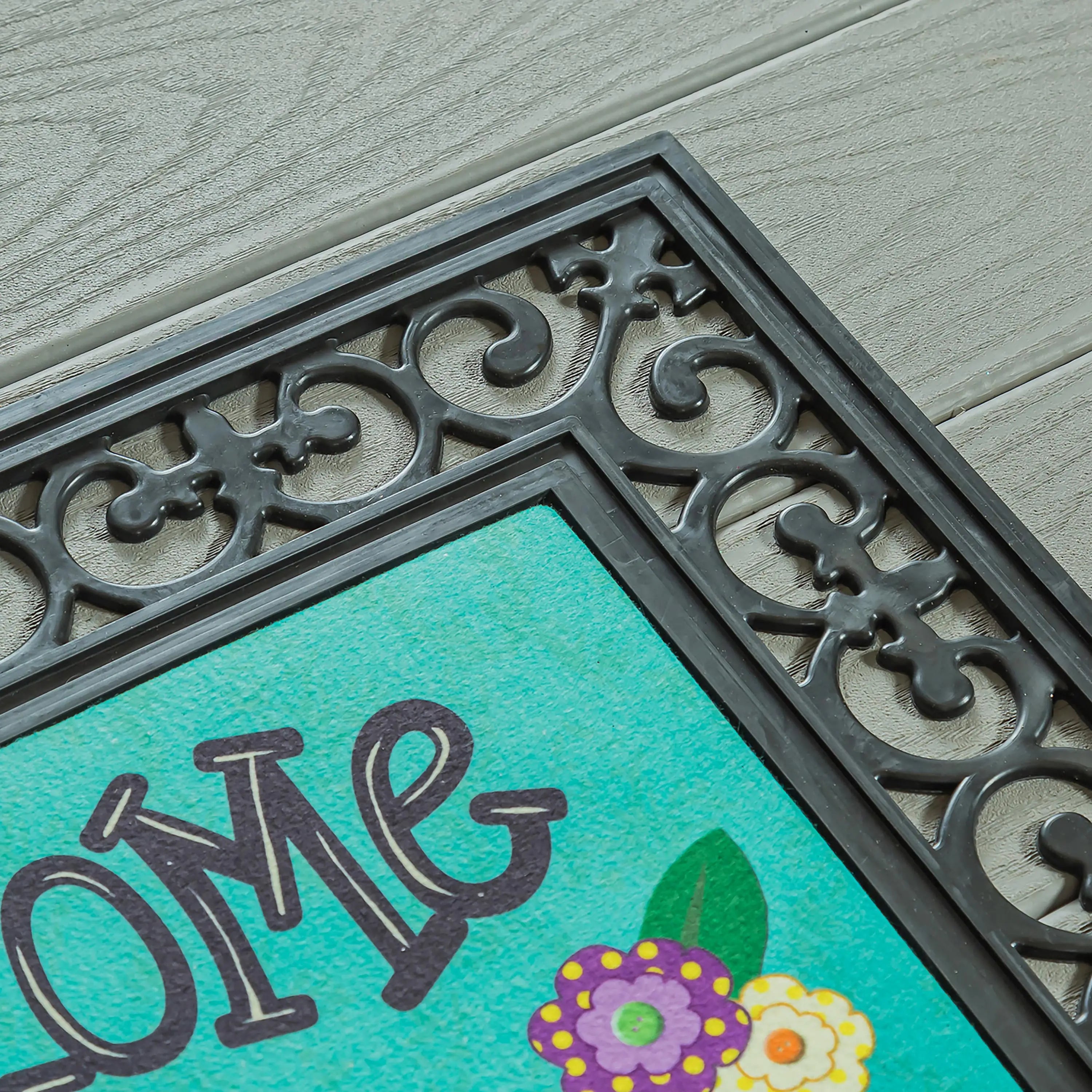 Teal home burlap doormat with black ornate metal border and colorful floral design from Welcome Yall garden flag set