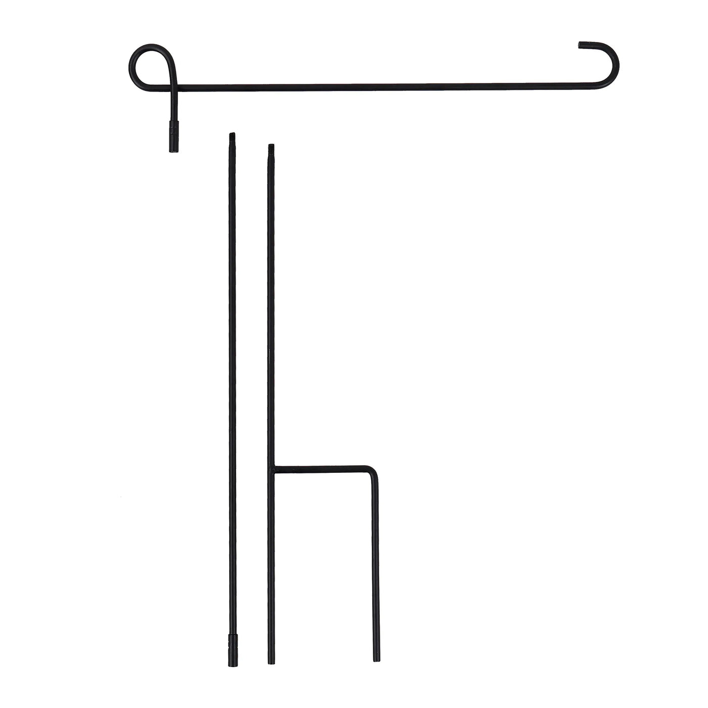 Black metal flagpole stand with curved top hook and two angled legs for stable outdoor display of garden flag