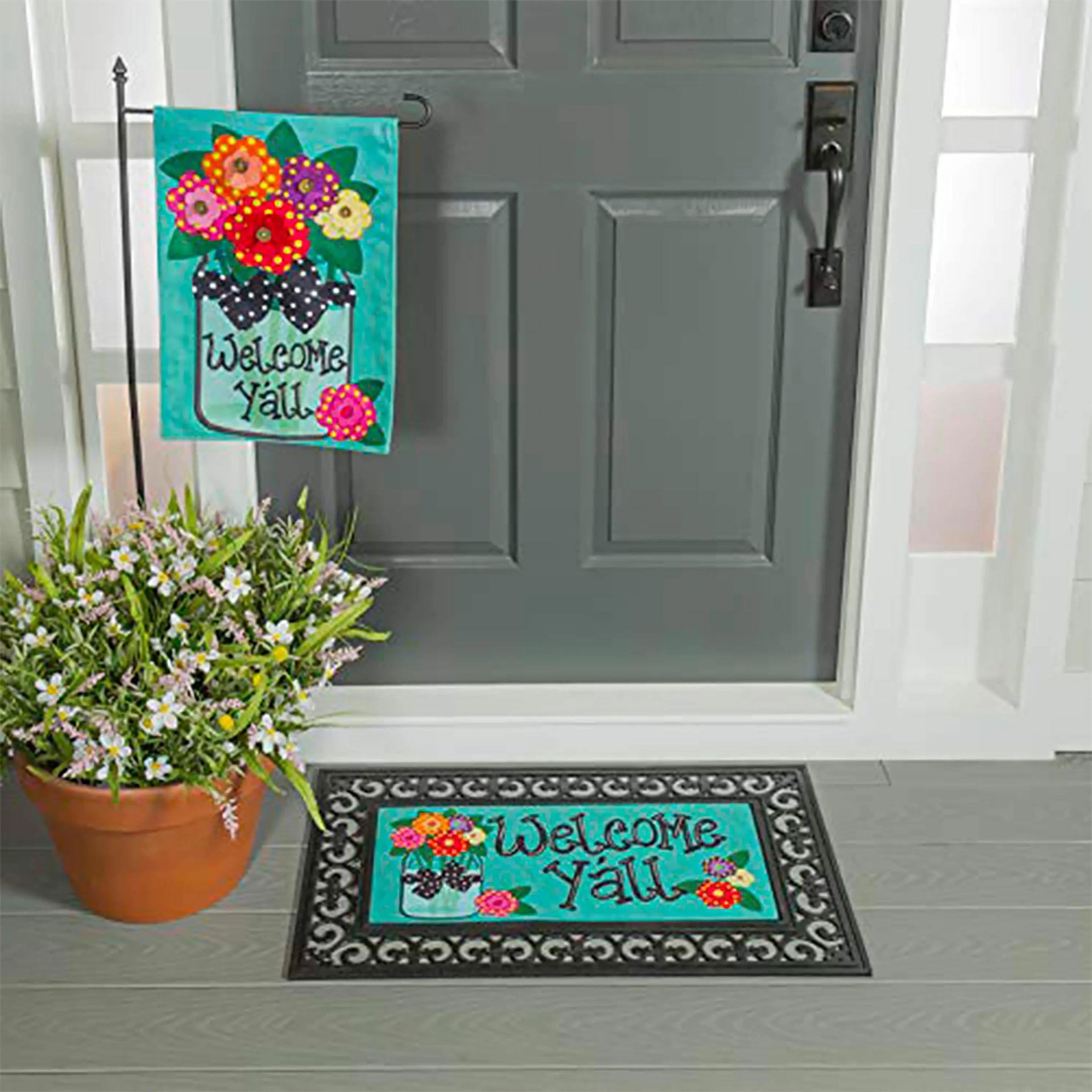 Teal and black welcome yall burlap garden flag and sassafras mat set with floral design for outdoor use
