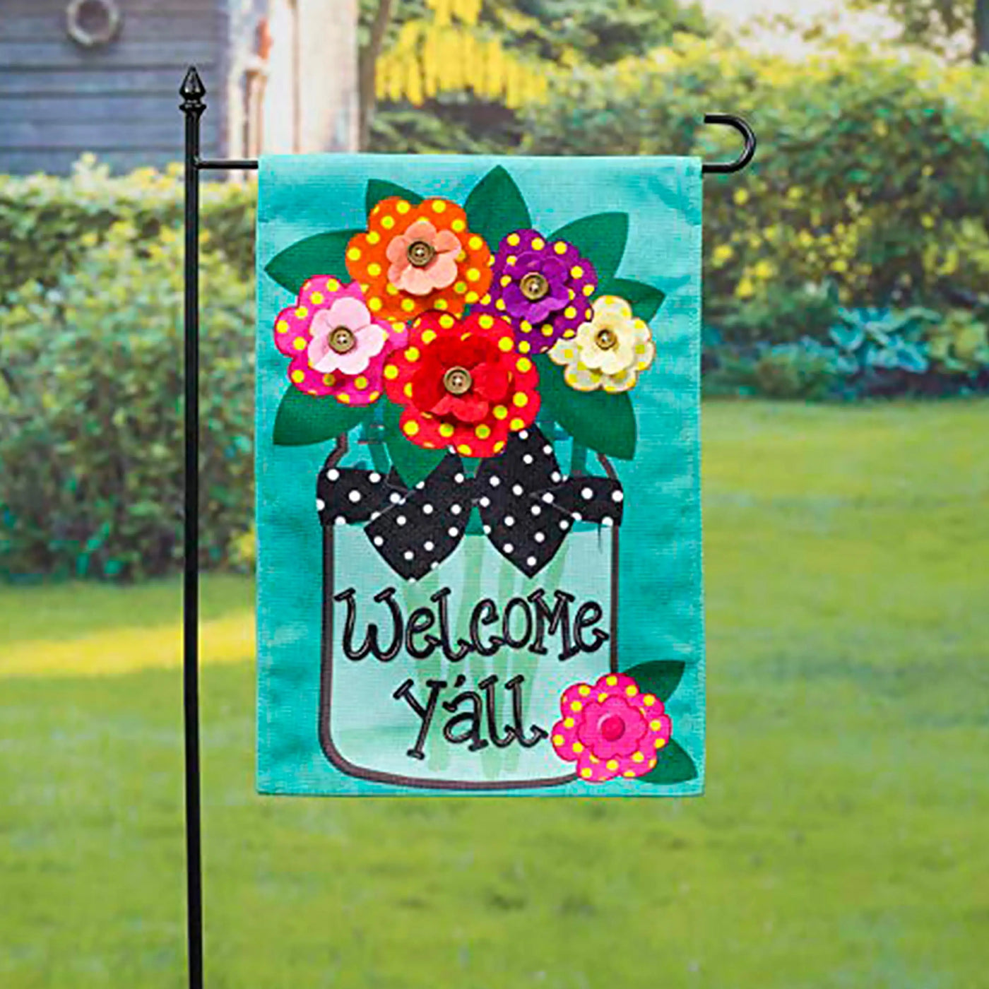 Turquoise burlap garden flag with decorative mason jar and colorful appliqued flowers welcome yall sassafras set