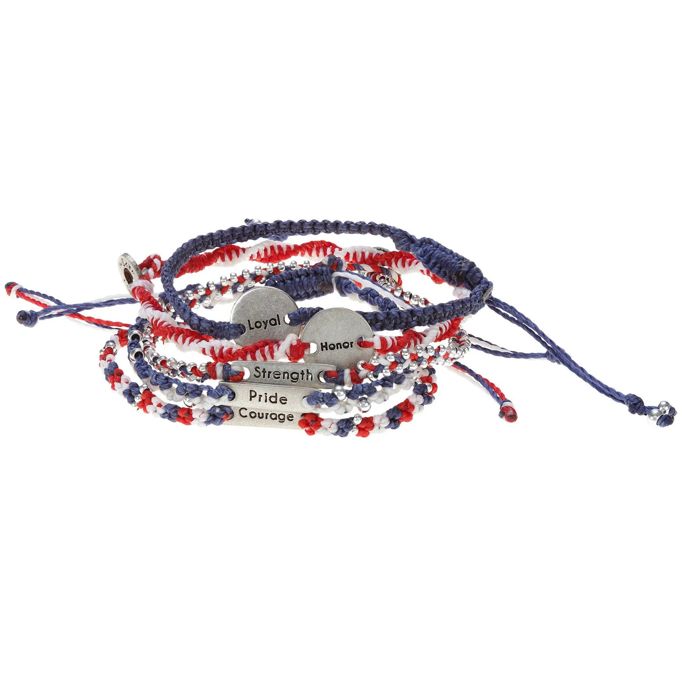Set of 5 wakami bracelets with patriotic red white and blue macrame and engraved metal charms for friendship