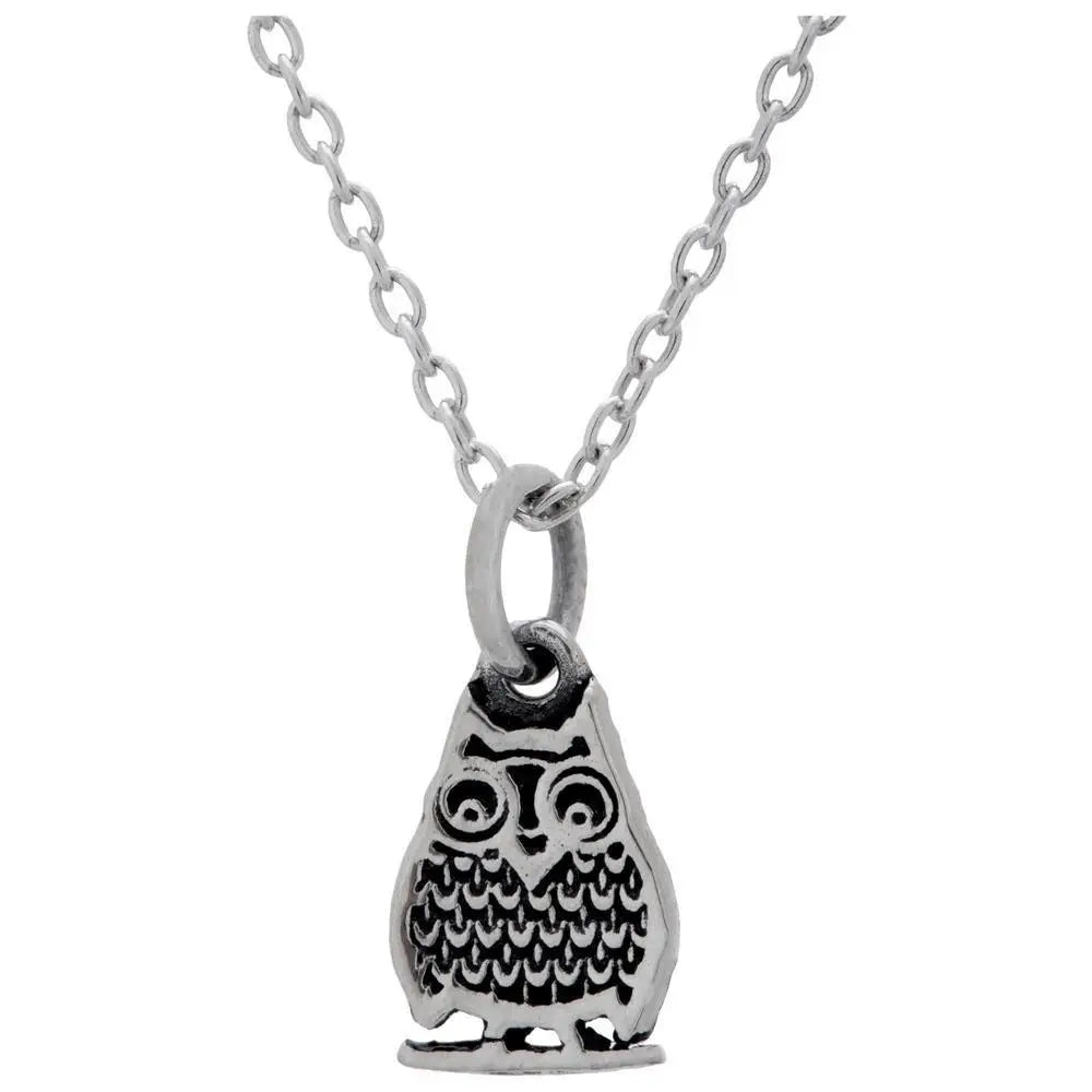 Silver owl pendant necklace with detailed engraved feathers and eyes on matching chain wild at heart sterling necklace