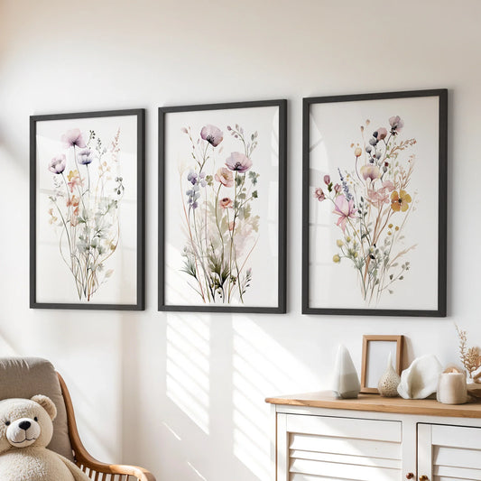 Floral Watercolor Wall Decor. Elegant Garden Set of 3 Prints