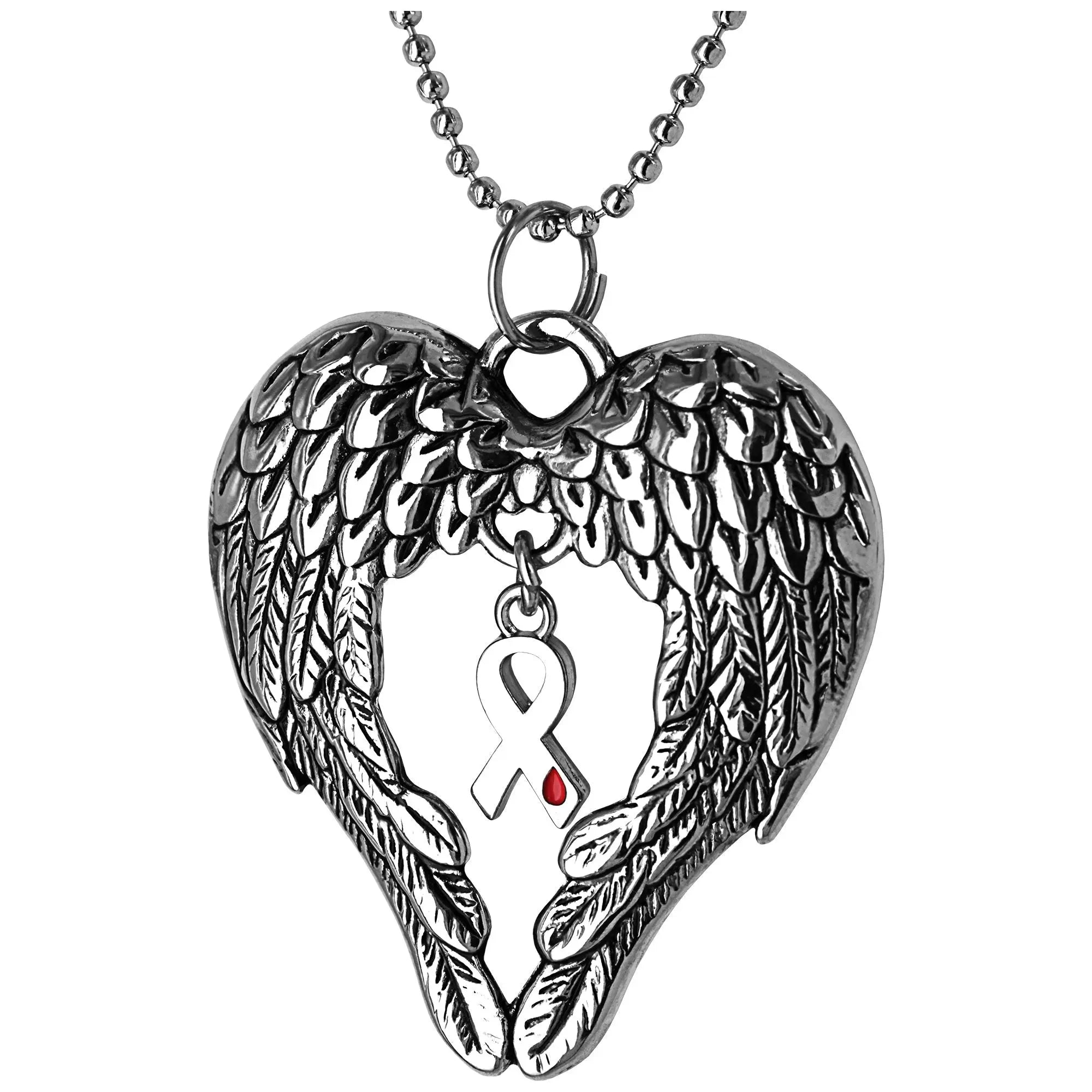 Silver heart-shaped pendant necklace with detailed angel wings and red ribbon charm for diabetes awareness