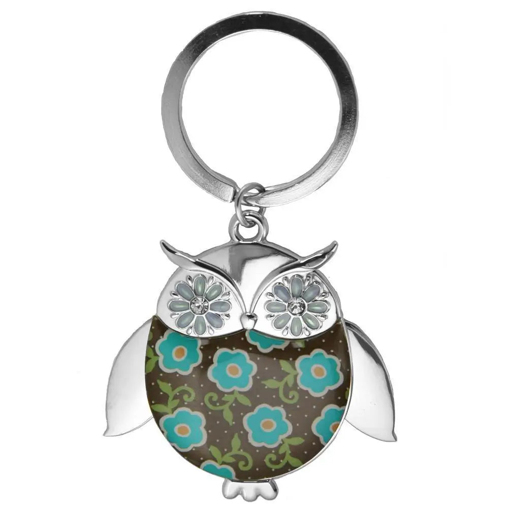 Wise in love owl keychain silver with floral design turquoise flowers on brown background and rhinestone eyes