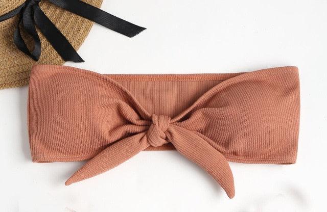 Women's Strapless Bowknot Split Bikini Swimsuit Swimming Suit For Women Women's Tie Knot Front Solid Color Bikini Set Swimsuit Bathing Suits High Cut Bikini Set Strapless Solid Color 2 Pieces Bathing Suit