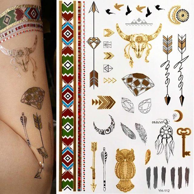 Womens Metallic Temporary Sticker Tattoos Gold Silver Waterproof Tattoos for Women