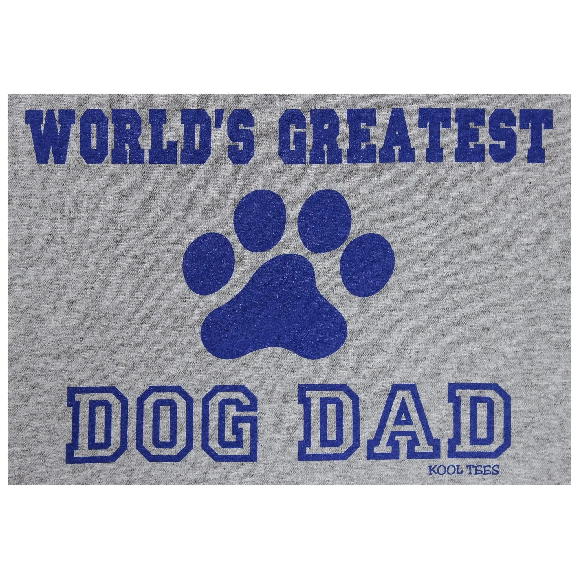 Gray heathered cotton t-shirt with bold blue worlds greatest dog dad text and large paw print graphic